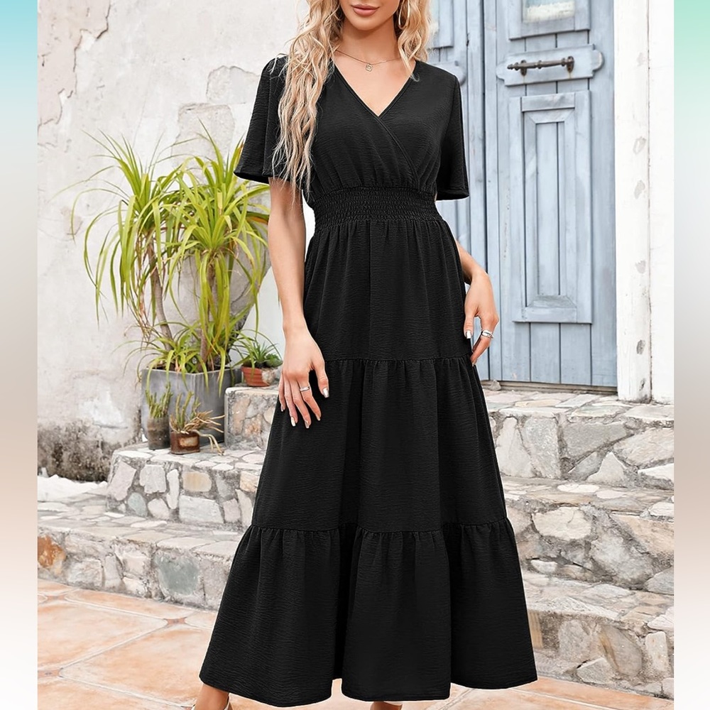 NWT Short-Sleeve Smocked Waist Maxi Dress